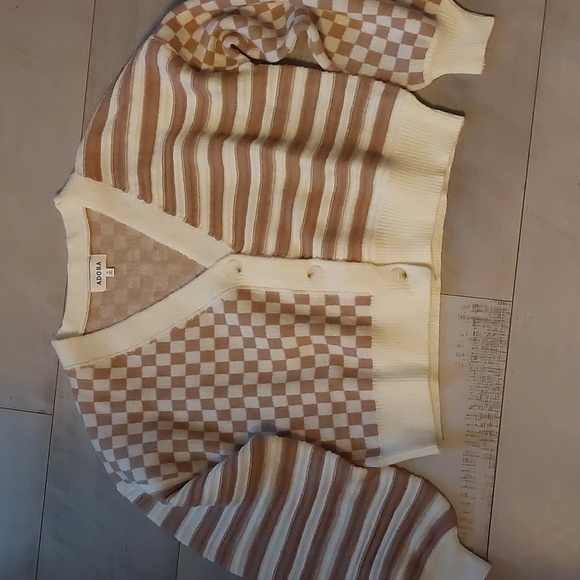 ADORA Women's Striped and Checkered Cardigan - Brown and Cream Size Med NWOT - Picture 5 of 5